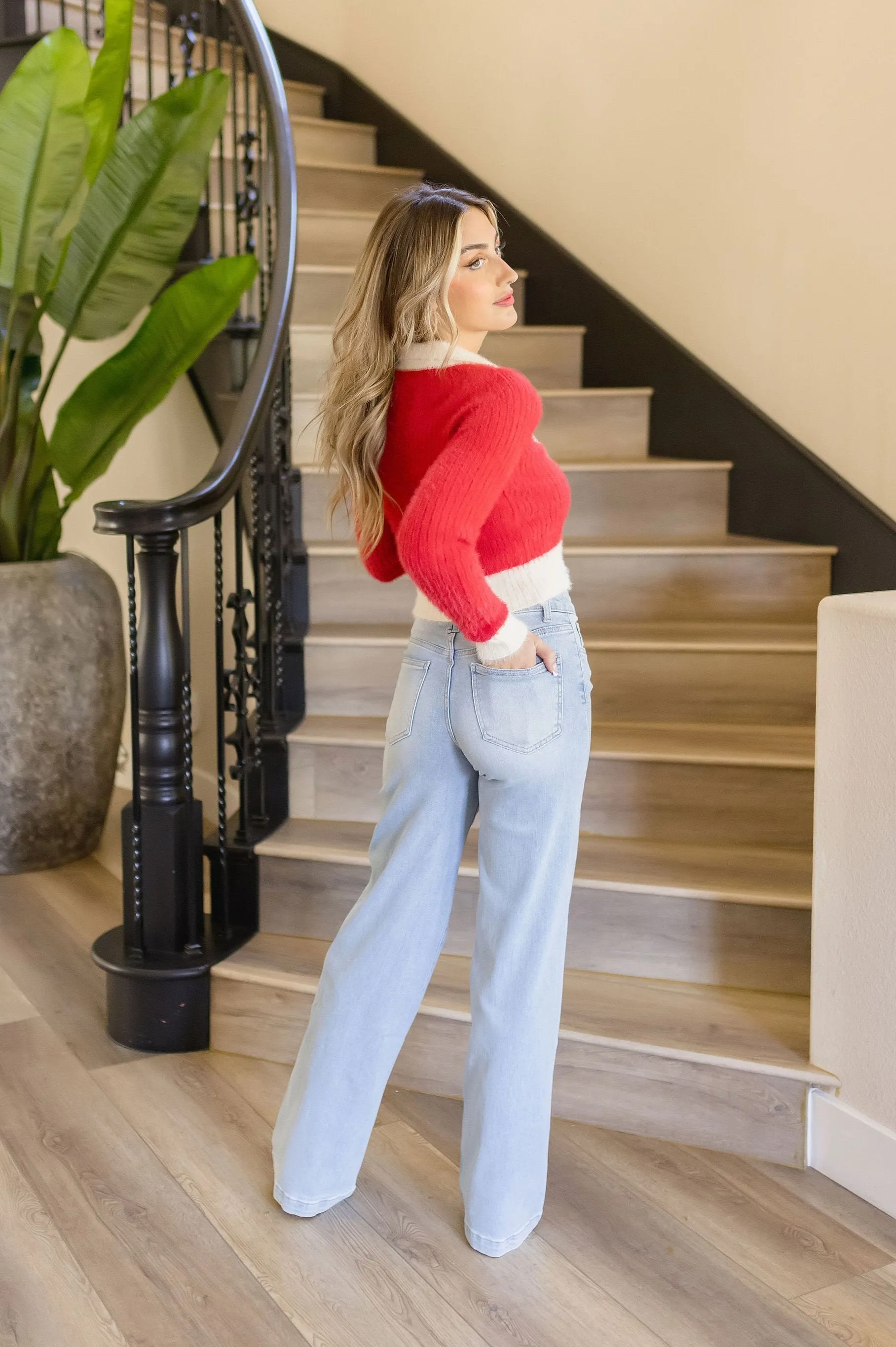 Maxine Long Sleeve Button Down Cropped Sweater Top Red