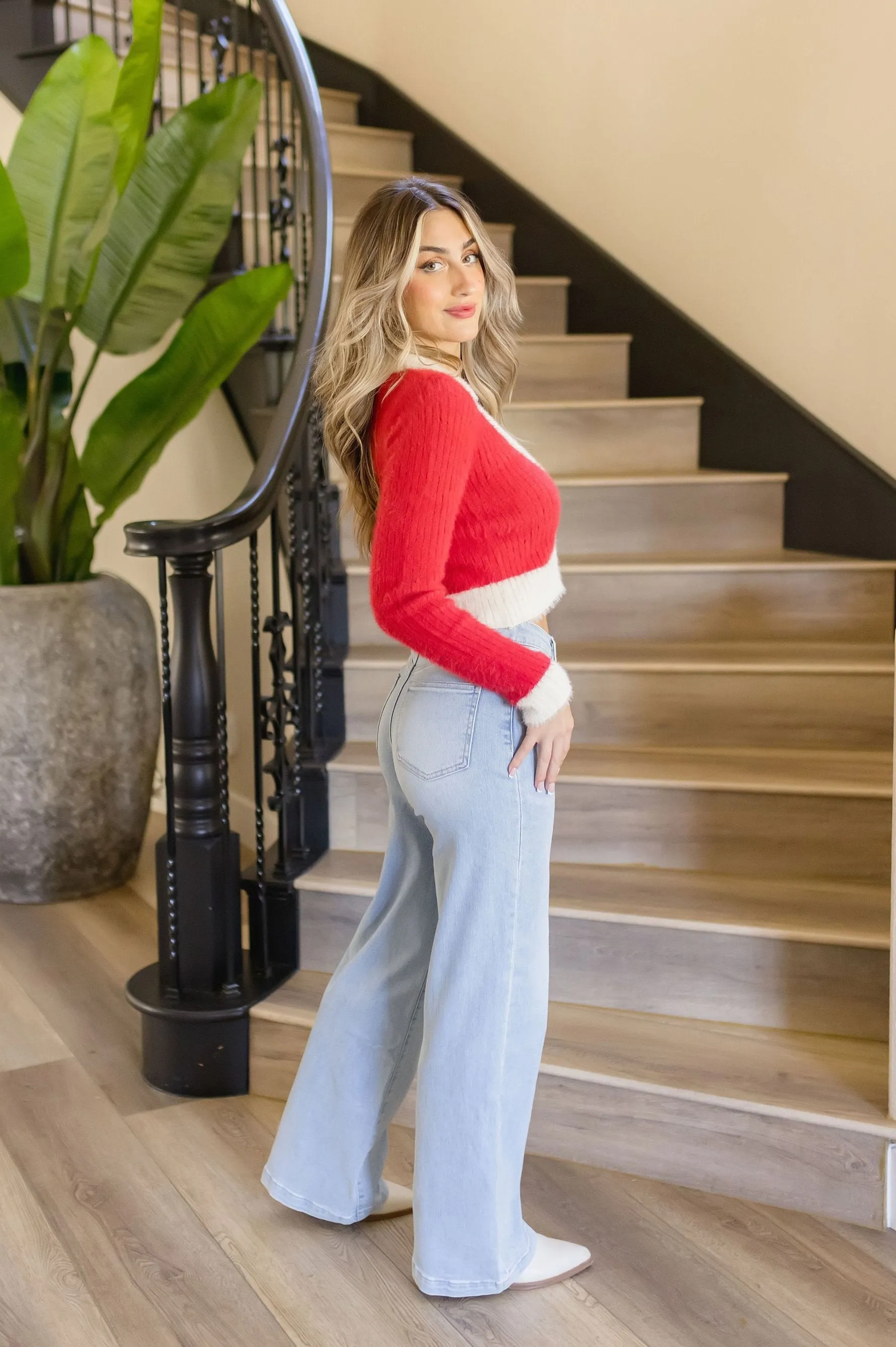 Maxine Long Sleeve Button Down Cropped Sweater Top Red