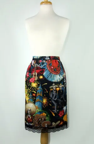 Mexican Fiesta De San Marcos Skull Pencil Skirt #S-PP706