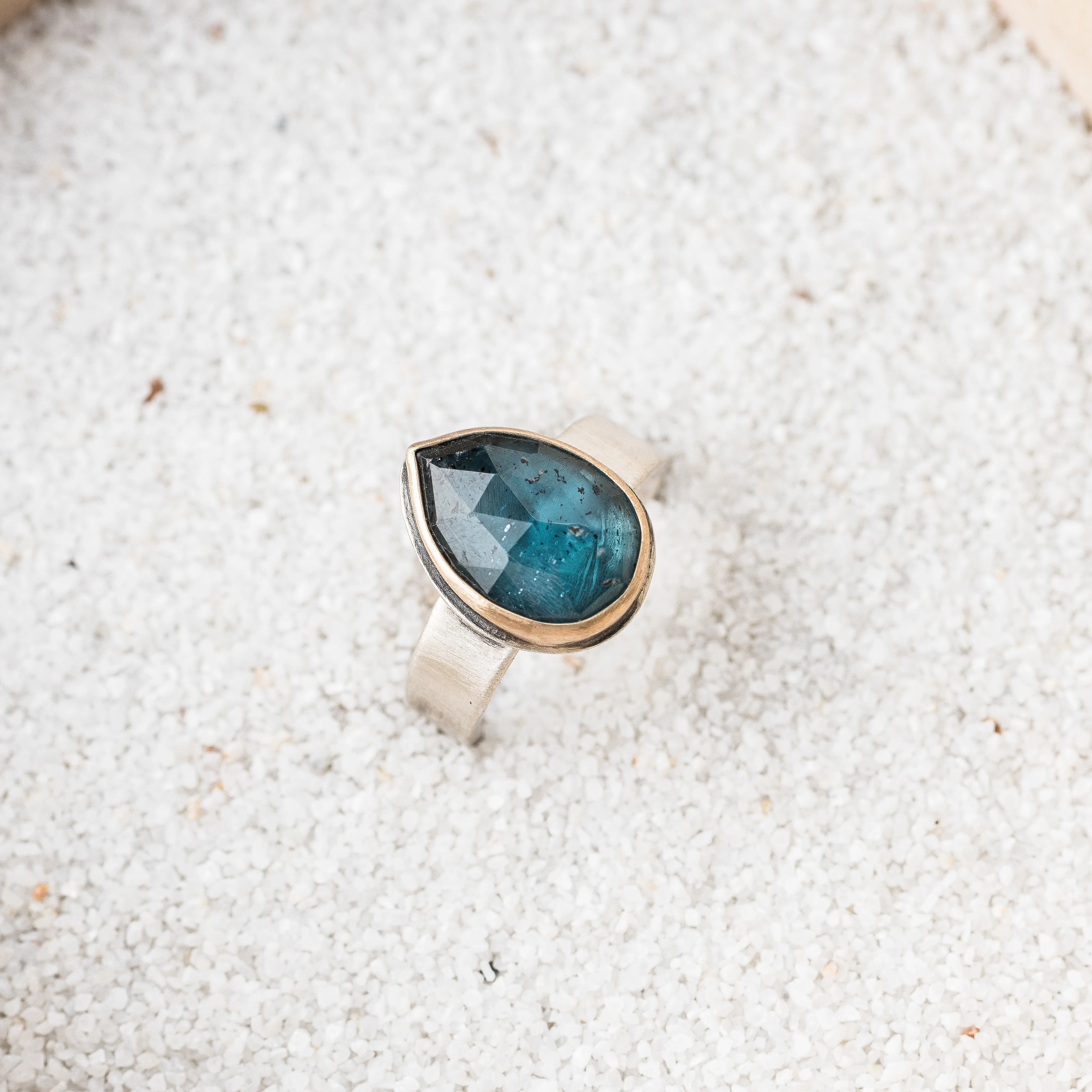 Moss Kyanite Pear Ring with 14k Gold Bezel on Taper Band