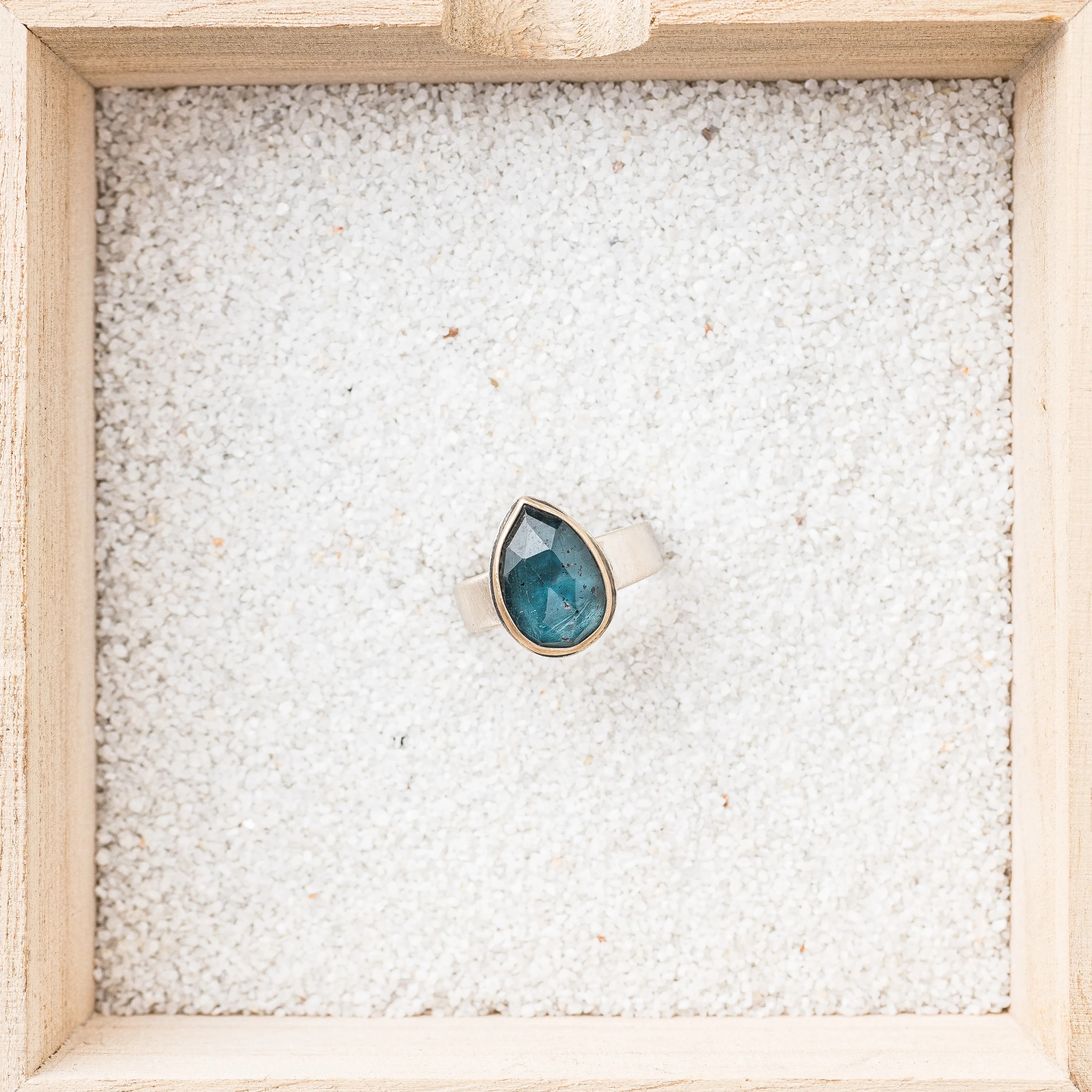 Moss Kyanite Pear Ring with 14k Gold Bezel on Taper Band
