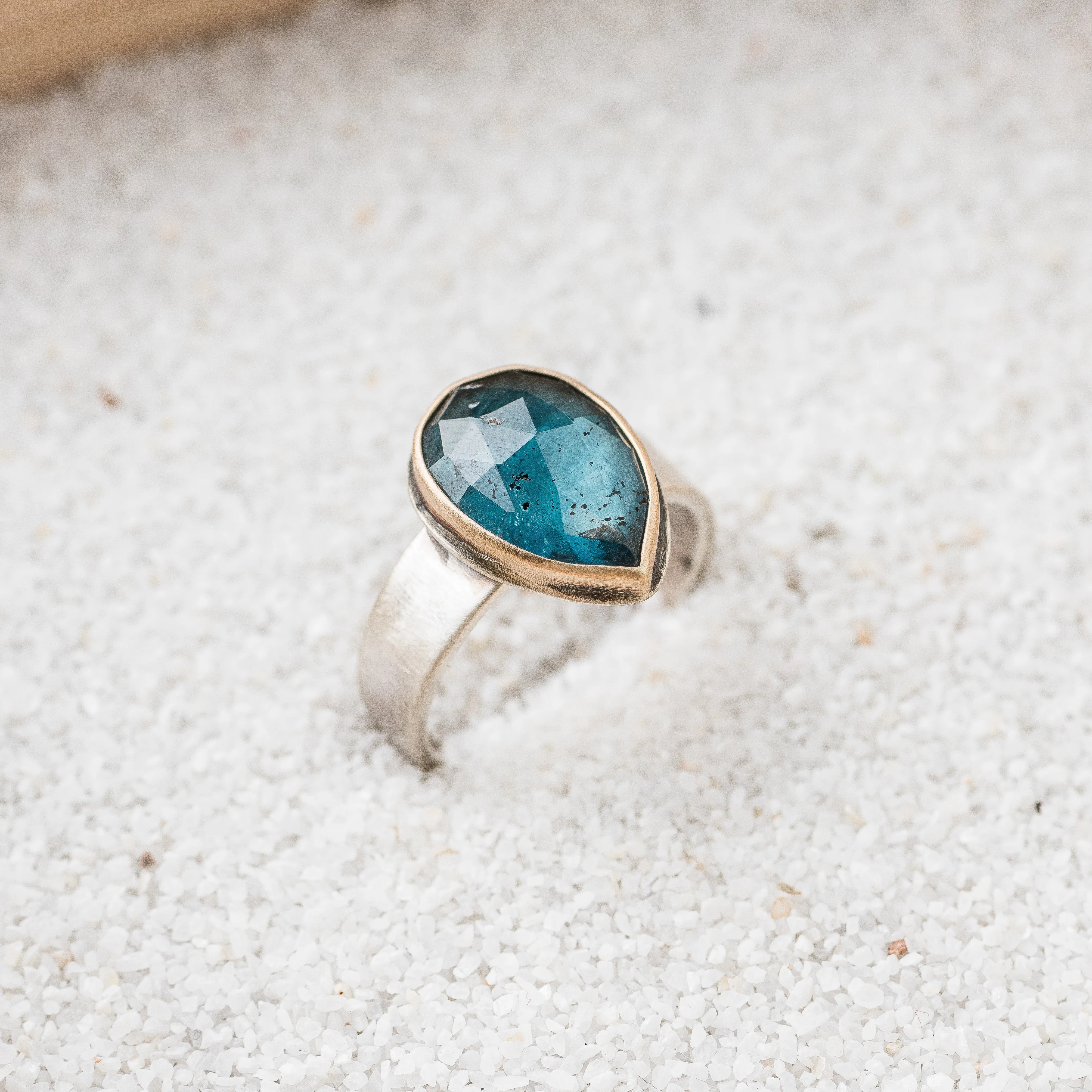 Moss Kyanite Pear Ring with 14k Gold Bezel on Taper Band
