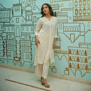 Muslin Embroidered Tunic Kurta Set | Ivory