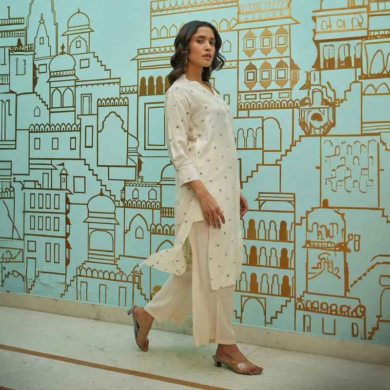 Muslin Embroidered Tunic Kurta Set | Ivory