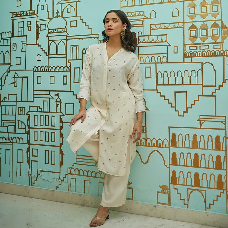 Muslin Embroidered Tunic Kurta Set | Ivory