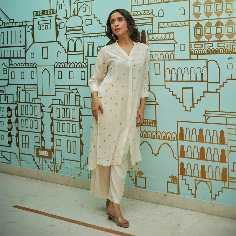 Muslin Embroidered Tunic Kurta Set | Ivory