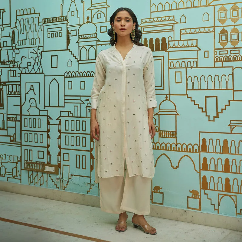 Muslin Embroidered Tunic Kurta Set | Ivory