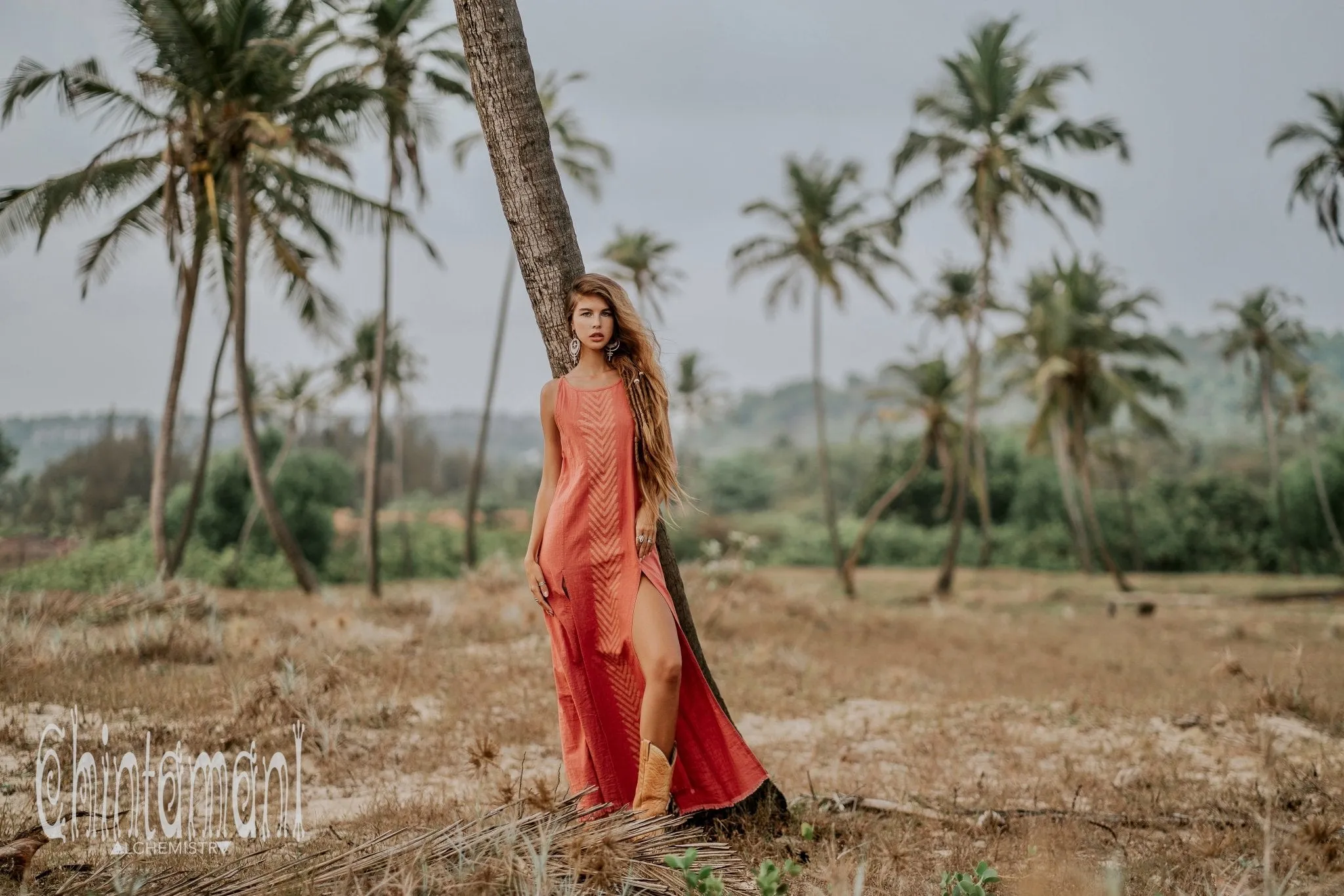 Organic Cotton Long Dress with Side Slit / Coral Rose
