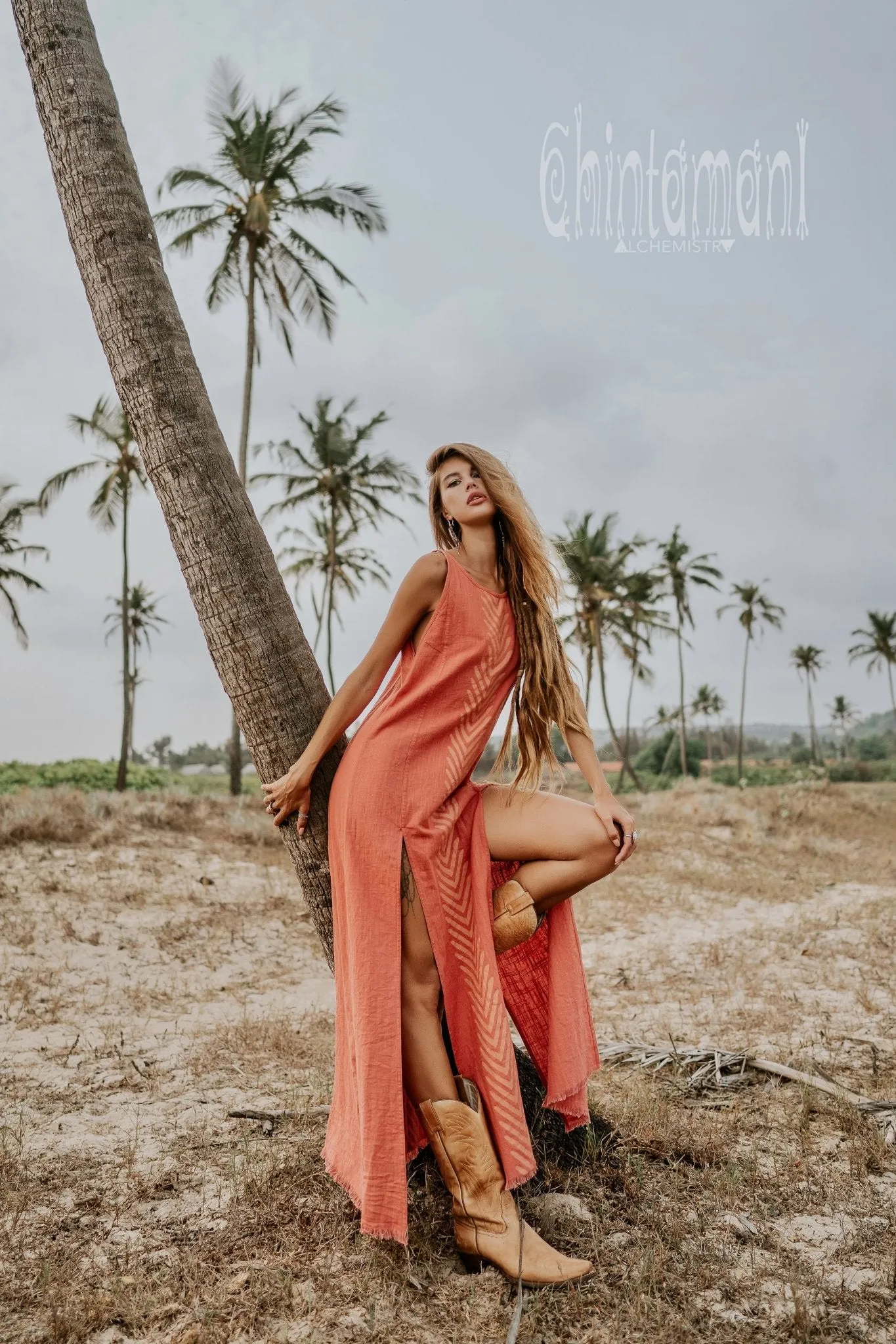 Organic Cotton Long Dress with Side Slit / Coral Rose