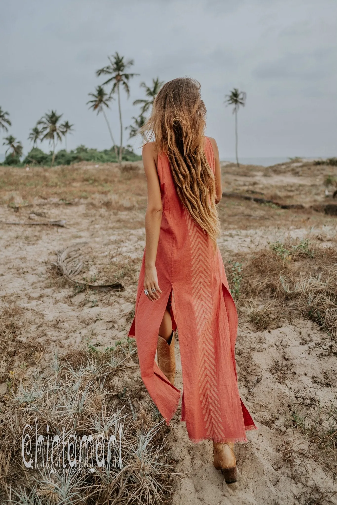 Organic Cotton Long Dress with Side Slit / Coral Rose