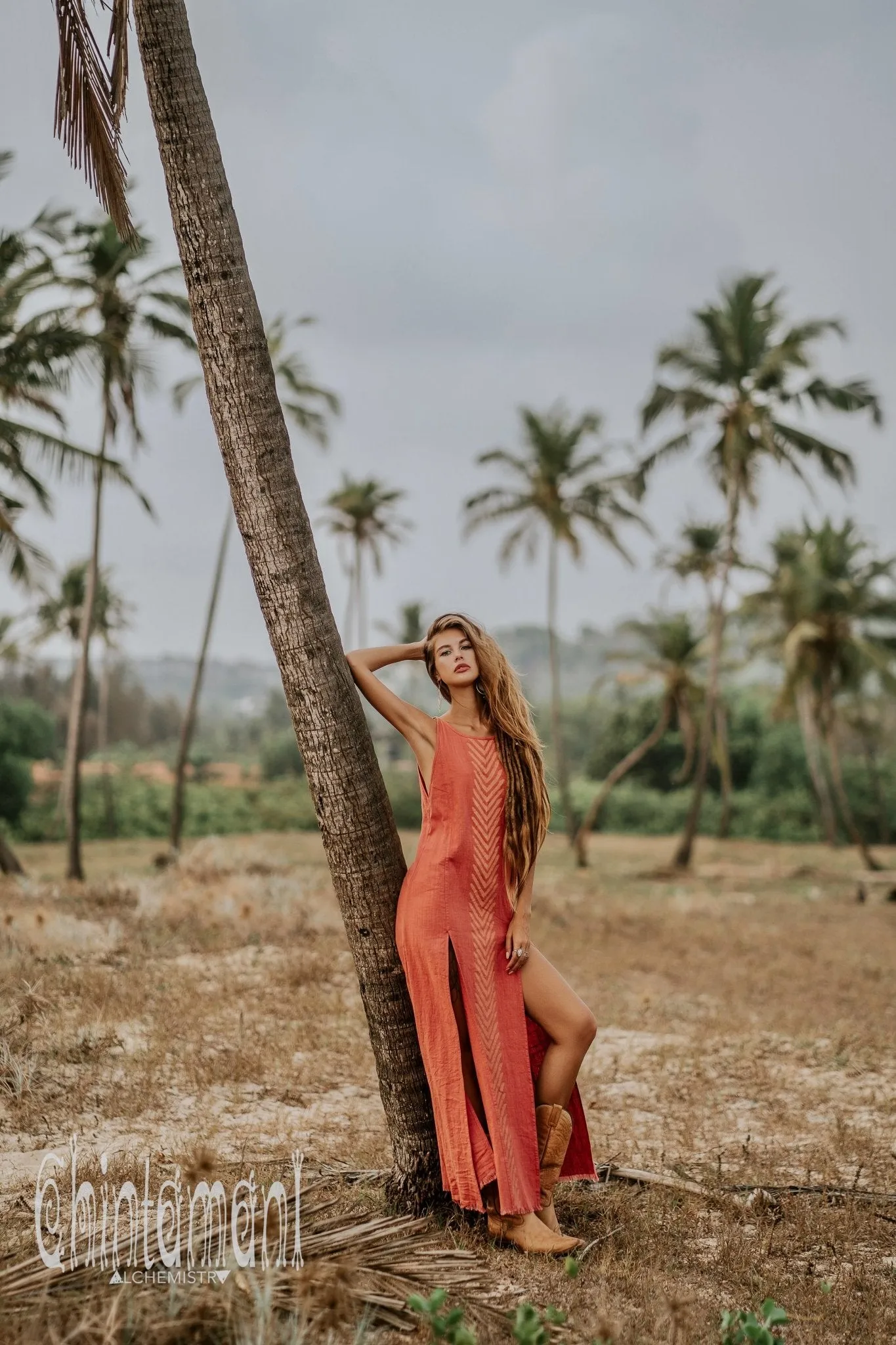 Organic Cotton Long Dress with Side Slit / Coral Rose