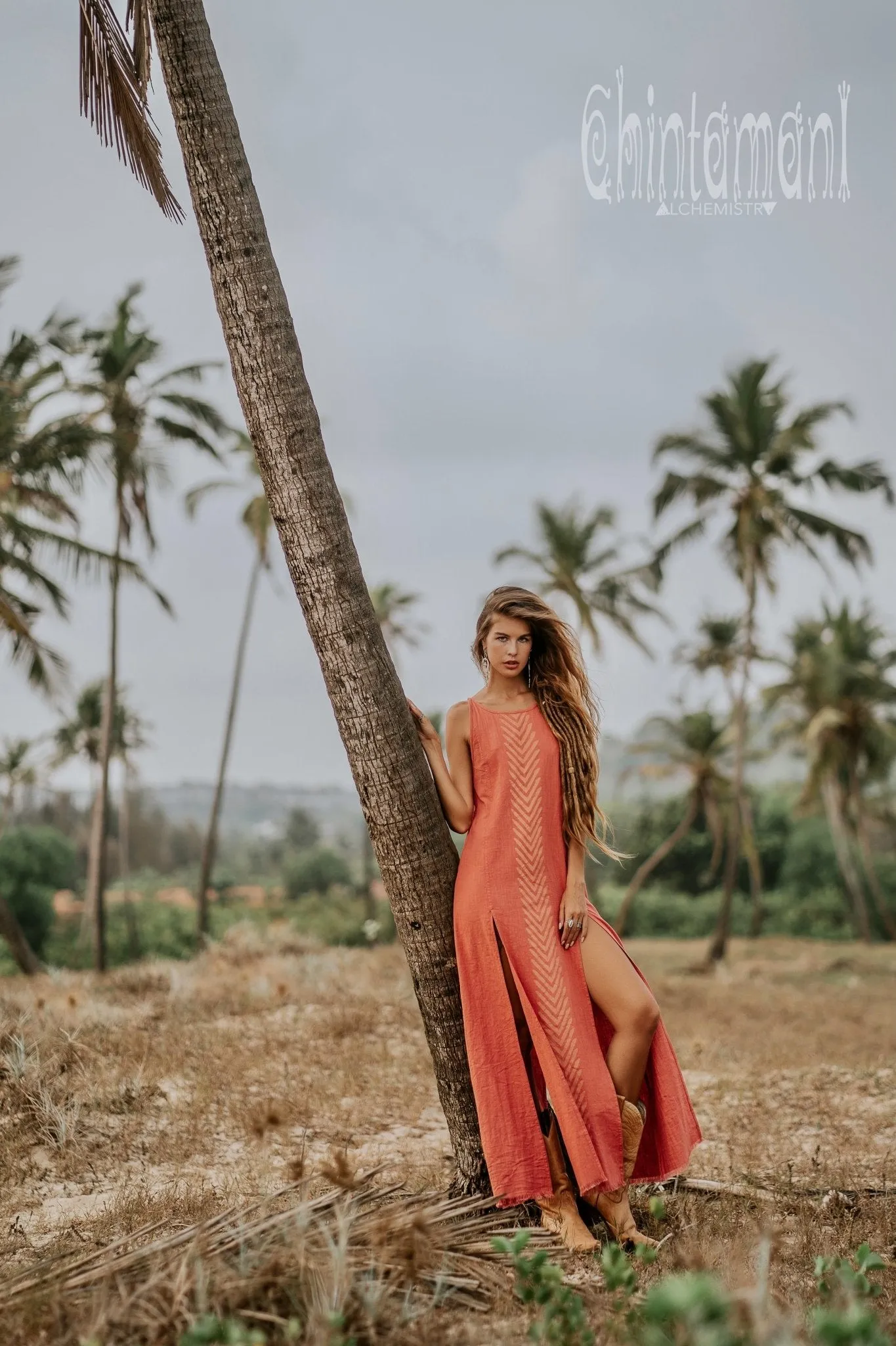 Organic Cotton Long Dress with Side Slit / Coral Rose