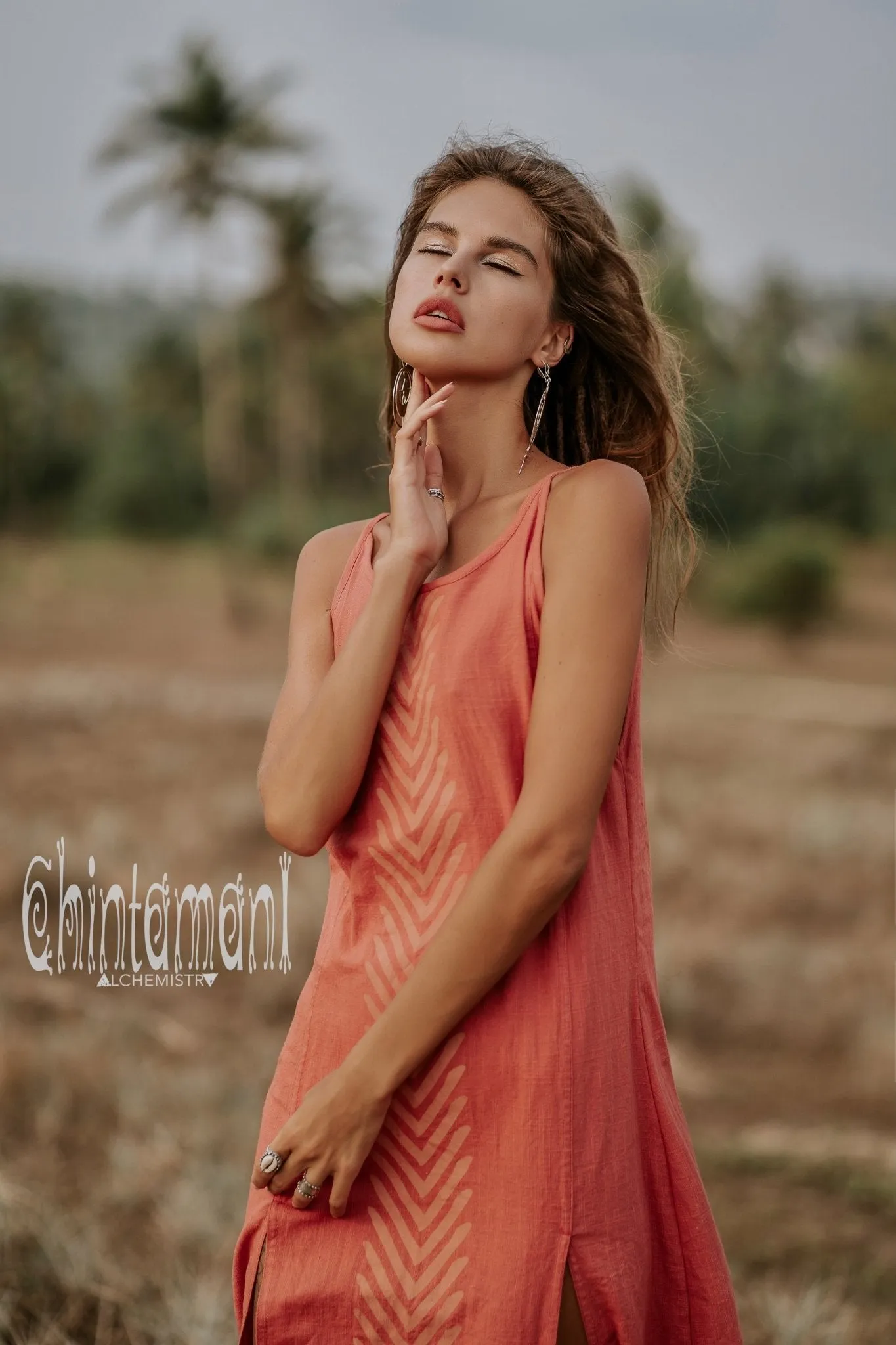Organic Cotton Long Dress with Side Slit / Coral Rose