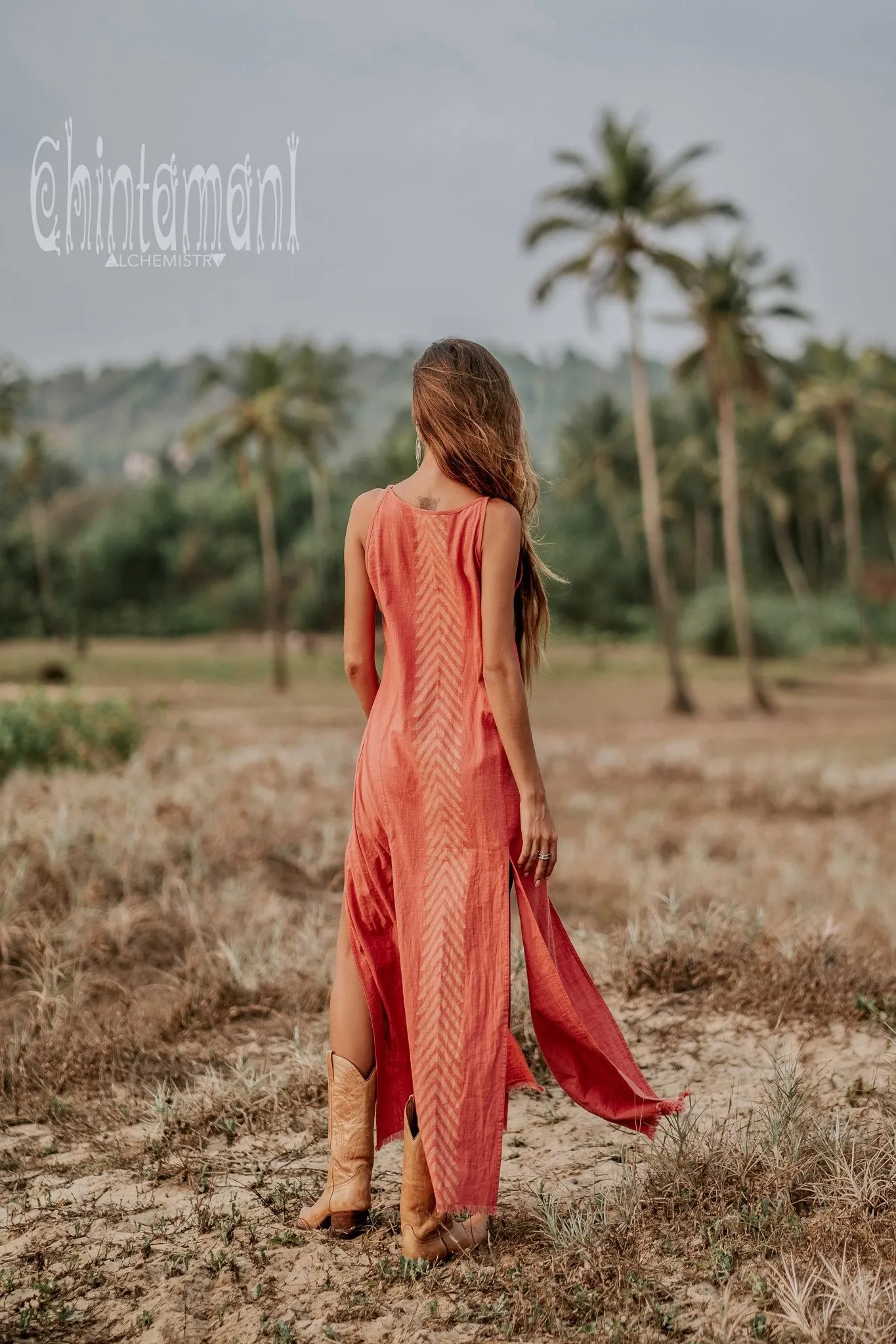 Organic Cotton Long Dress with Side Slit / Coral Rose