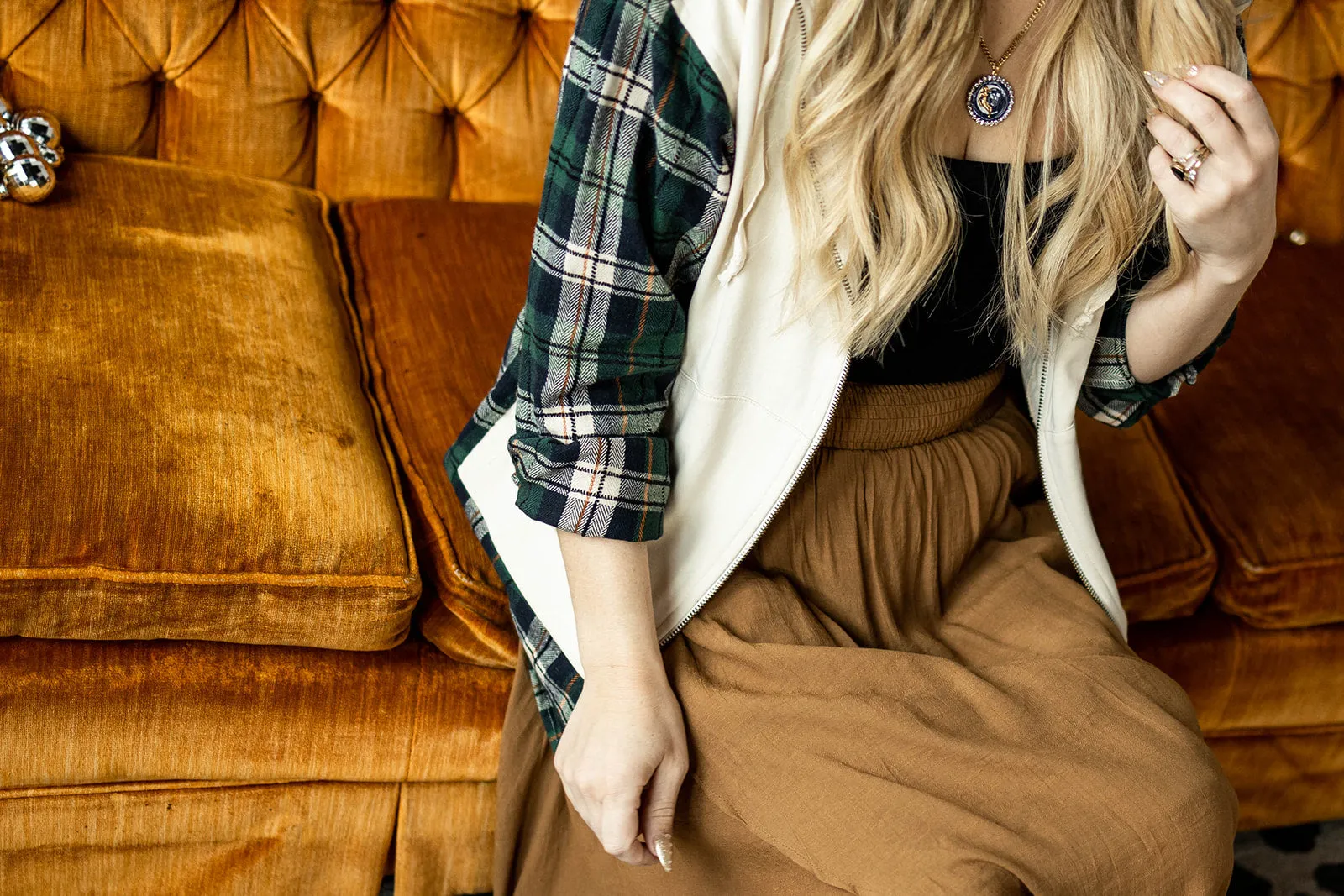 otto long sleeve plaid terry knit zip up hooded sweatshirt