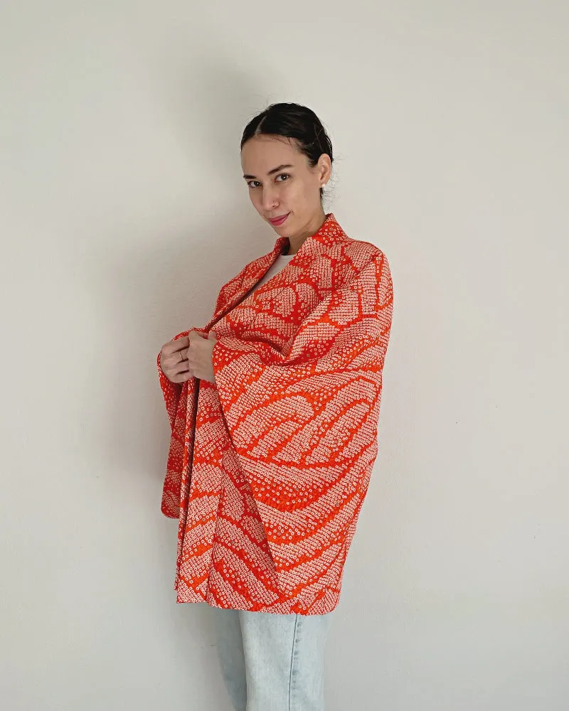 Pattern of waves in orange Haori Kimono Jacket
