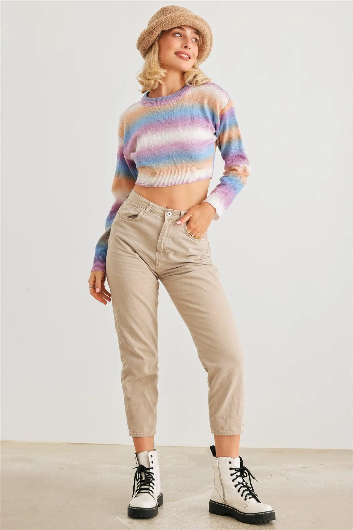 Peach Multi Knit Long Sleeve Open Back Cropped Sweater