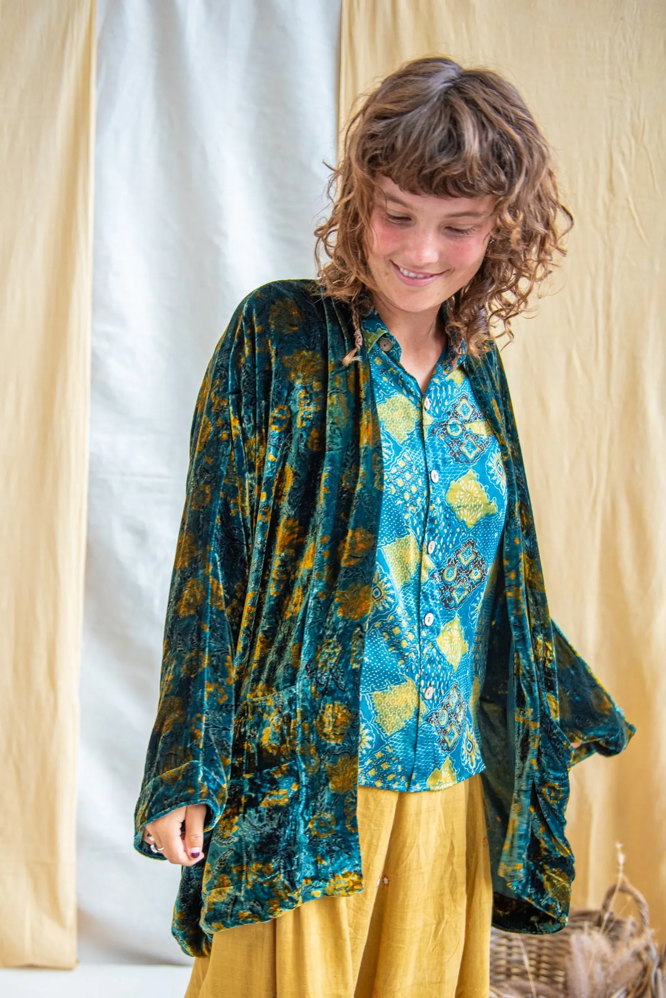 Silk Velvet Kimono Jacket - Indigo Lime
