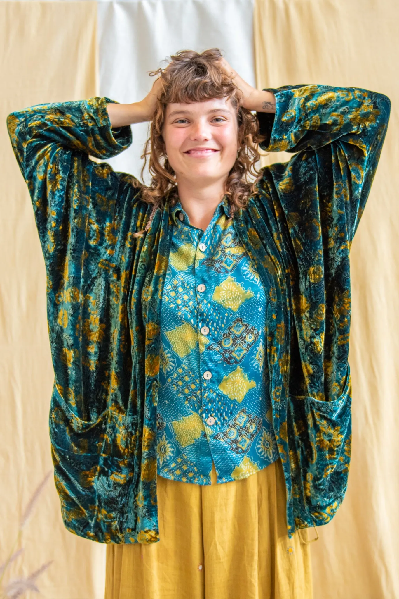 Silk Velvet Kimono Jacket - Indigo Lime