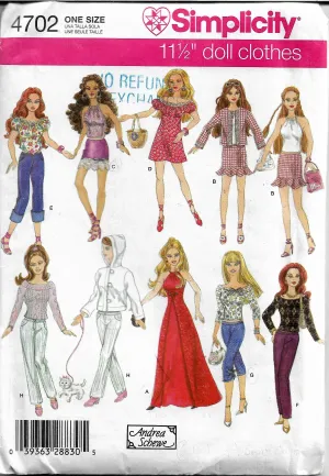 Simplicity 4702 Barbie Doll Clothes Wardrobe Pattern Dress Pants Top