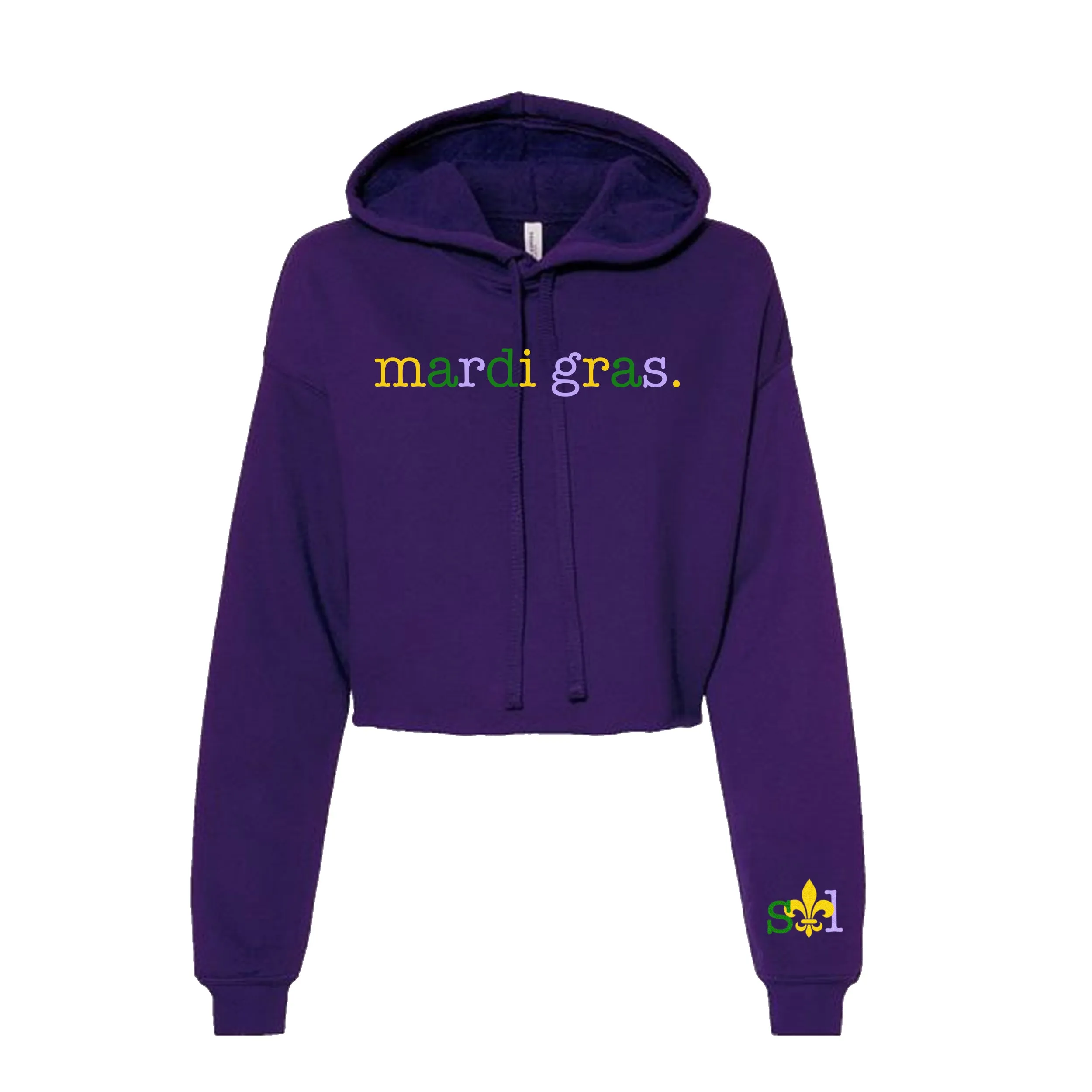 st. louis mardi gras simple colorful mardi gras crewneck sweatshirt or hoodie with sleeve print stl fleur-de-lis purple green yellow parades