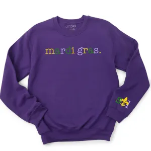st. louis mardi gras simple colorful mardi gras crewneck sweatshirt or hoodie with sleeve print stl fleur-de-lis purple green yellow parades