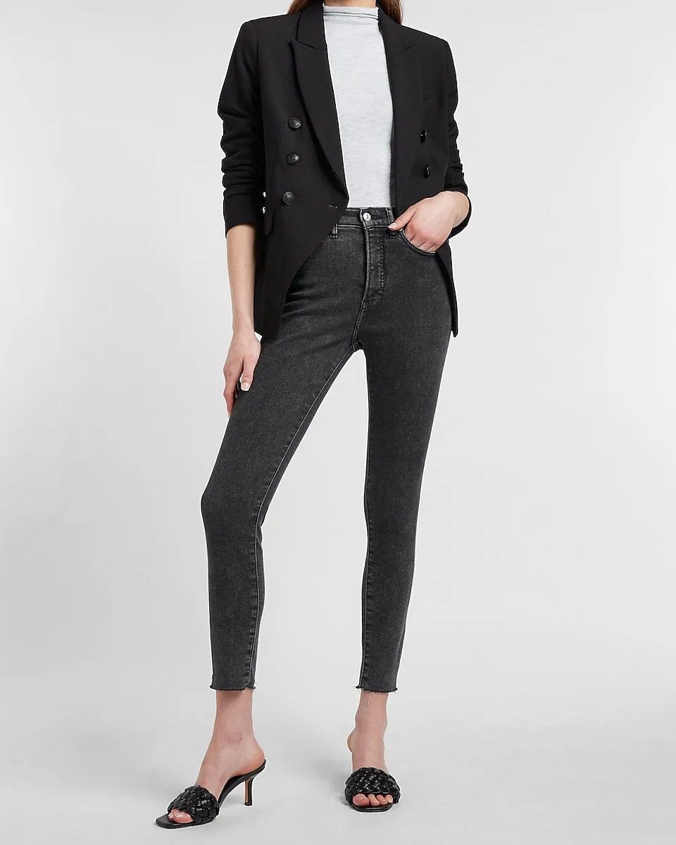 Supersoft Twill Double Breasted Novelty Button Blazer in Pitch Black
