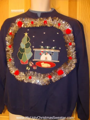 Tacky Cheap Christmas Sweatshirt Cat Fireplace