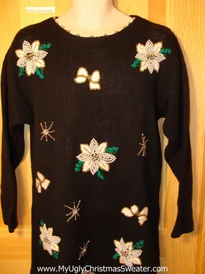 Tacky Ugly Christmas Sweater 80s Long Style with Bling and White Poinsettias (f197)