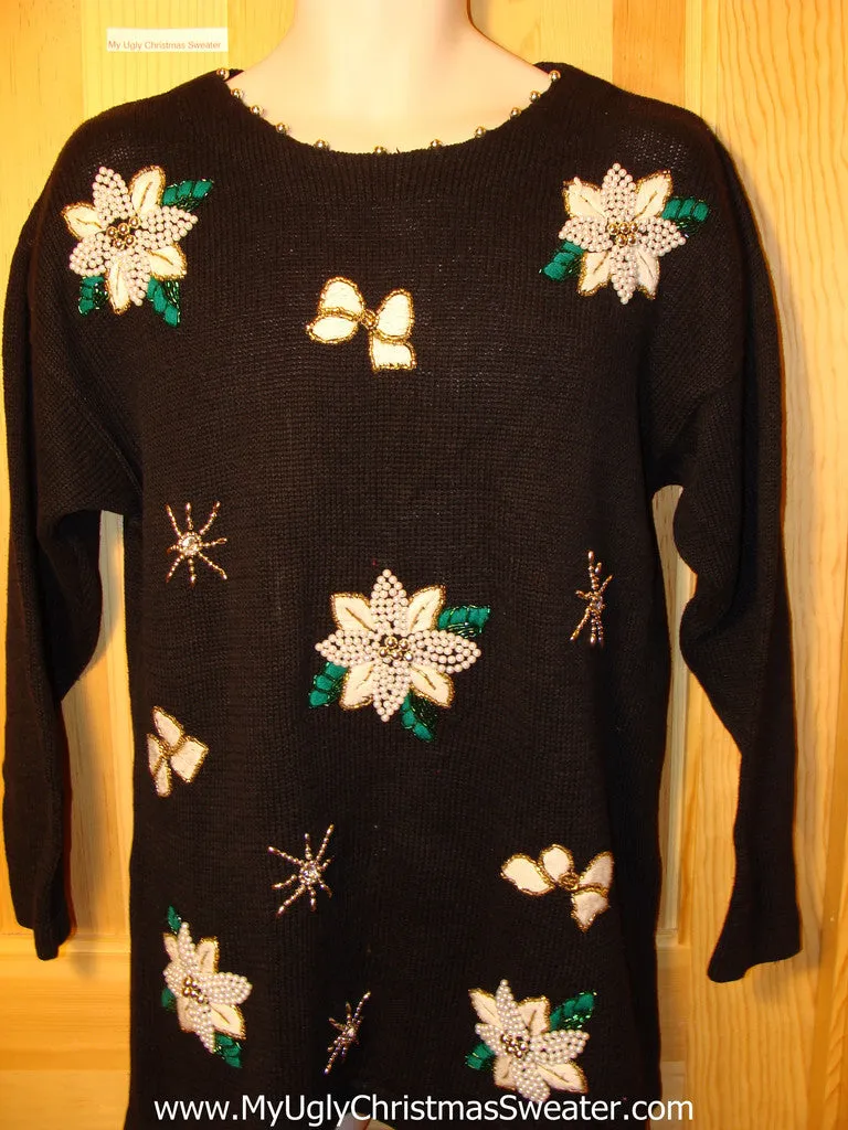Tacky Ugly Christmas Sweater 80s Long Style with Bling and White Poinsettias (f197)