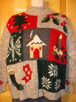 Tacky Ugly Christmas Sweater Pullover with Candle, Snowflakes, Stocking, Tree and Ivy (f441)