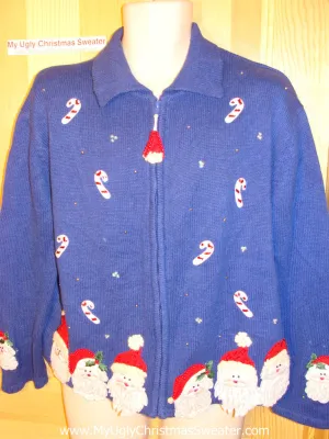 Tacky Ugly Christmas Sweater with Bling Bead Santas and Candy Canes (f24)