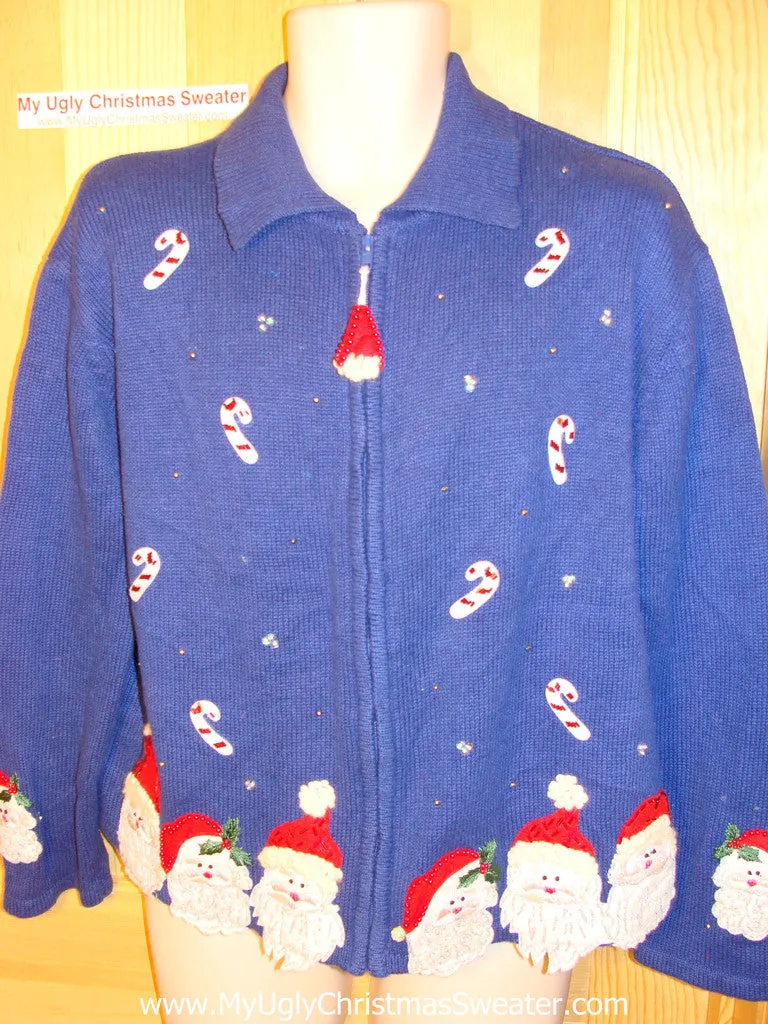 Tacky Ugly Christmas Sweater with Bling Bead Santas and Candy Canes (f24)
