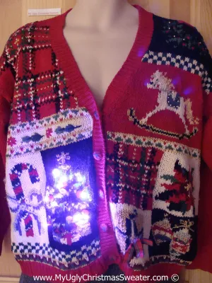 Tacky Xmas Sweater Cardigan with 80s Style Grid Pattern Including Rocking Horse, Candy Cane, Poinsettia, and Loads of Plaid, with Lights (g123)