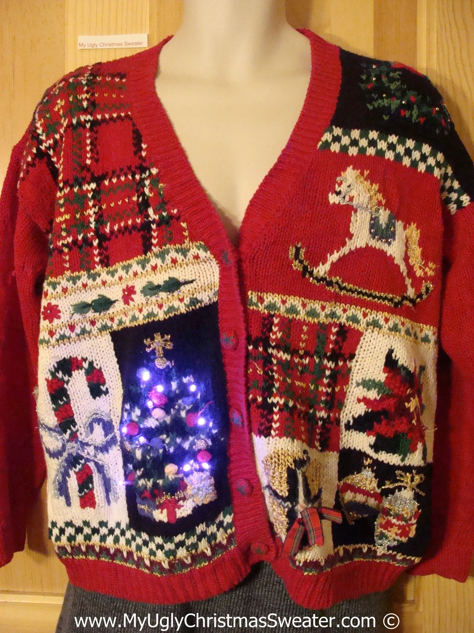 Tacky Xmas Sweater Cardigan with 80s Style Grid Pattern Including Rocking Horse, Candy Cane, Poinsettia, and Loads of Plaid, with Lights (g123)