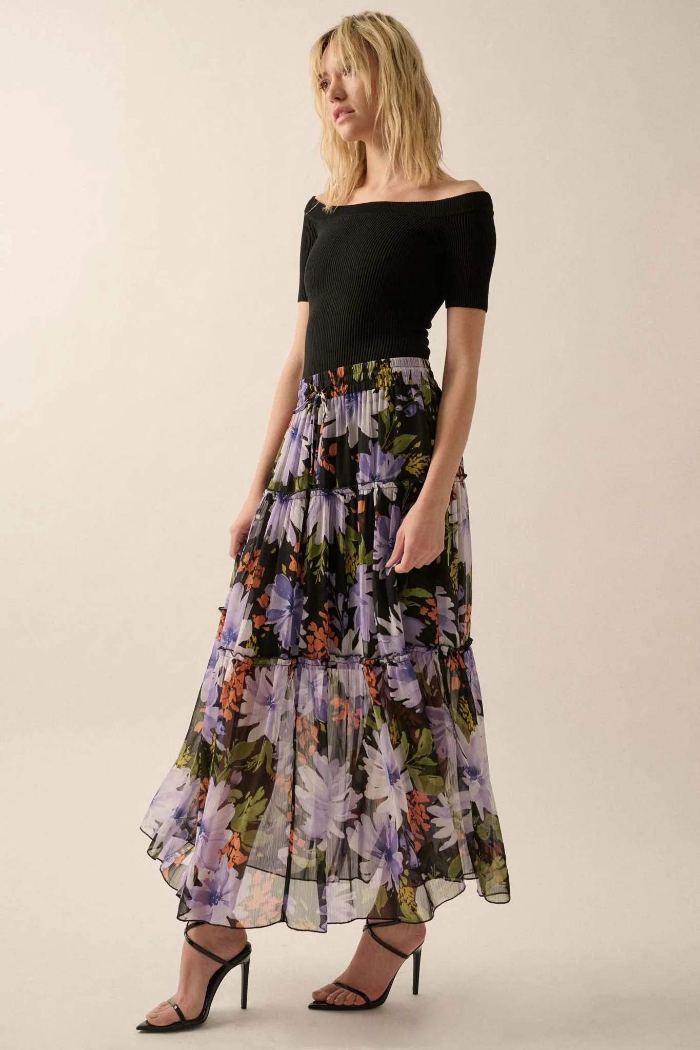 Twilight Bouquet Floral Chiffon Tiered Maxi Skirt
