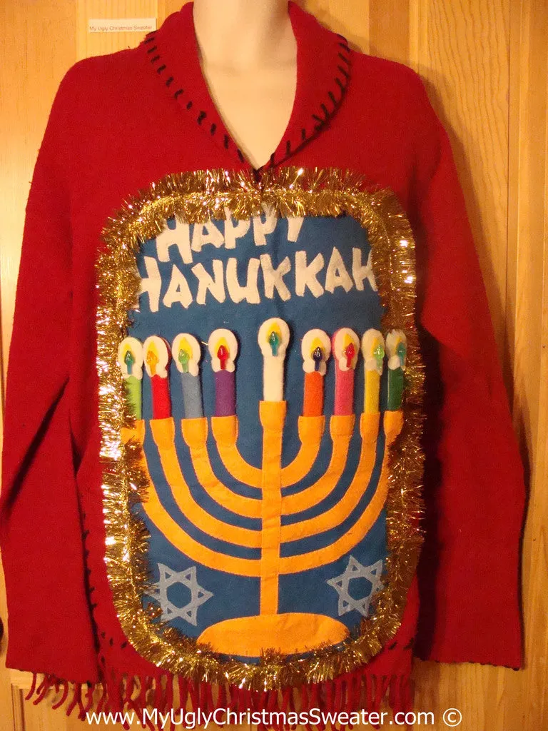 Ugly Christmas Sweater Party Red Hanukkah Sweater with Fringe and  Menorah (j282)