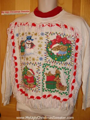 Ugly Christmas Tacky Sweatshirt 80s Retro Cutsie Bears with Fringe (q20)