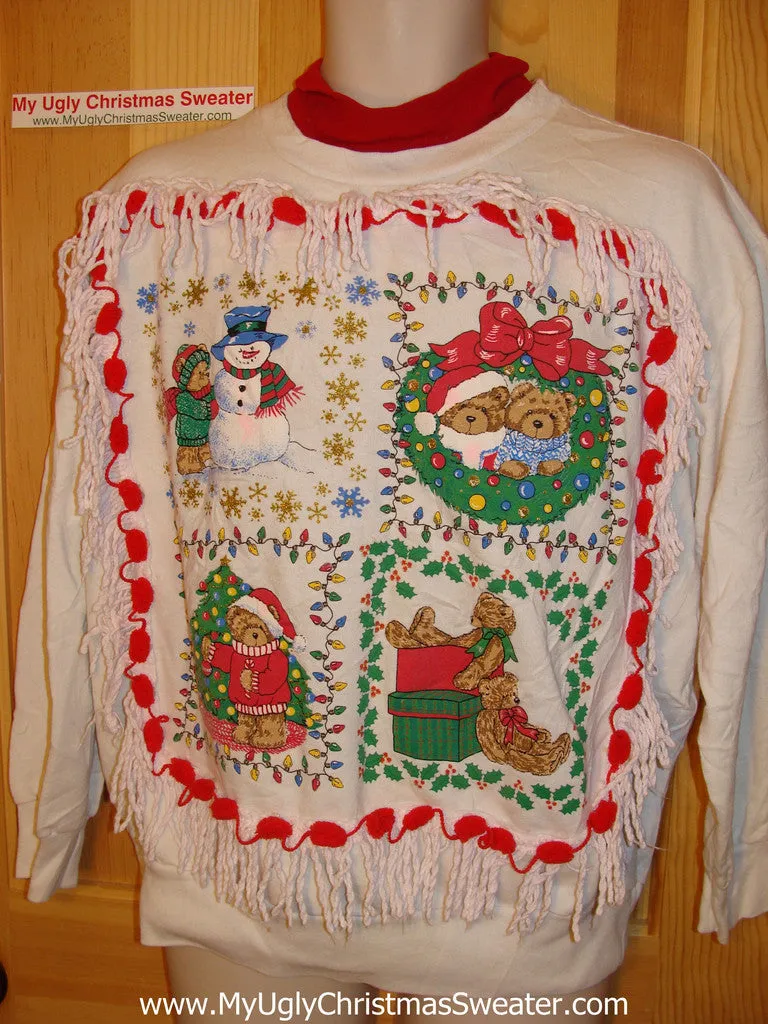 Ugly Christmas Tacky Sweatshirt 80s Retro Cutsie Bears with Fringe (q20)