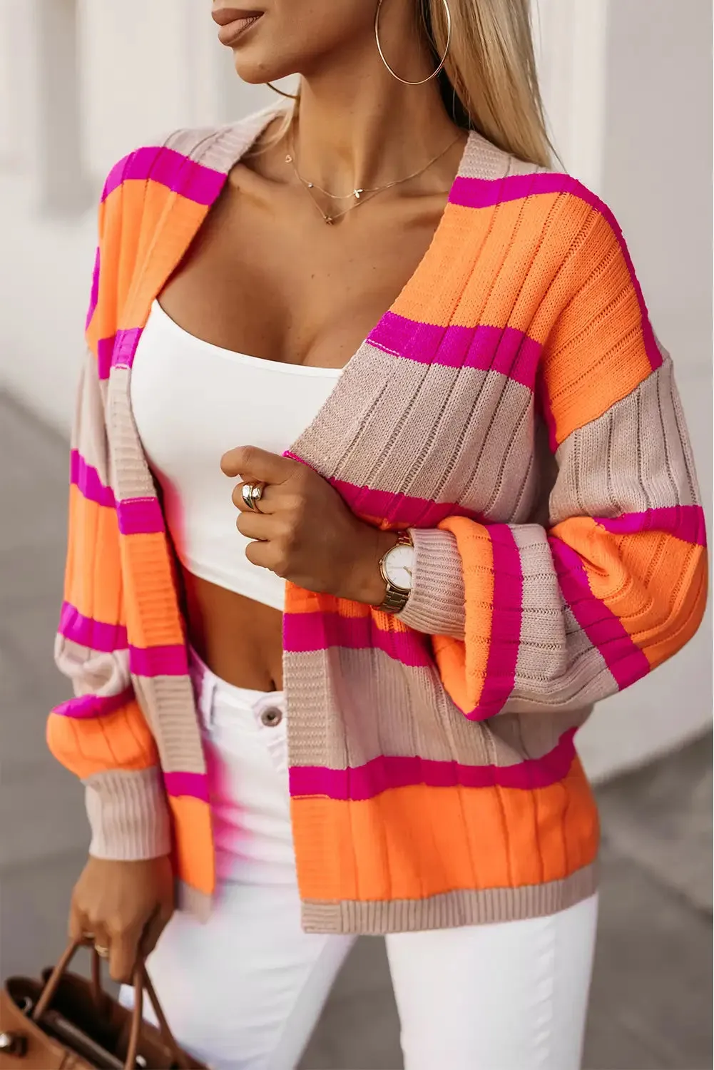 Vibrant Orange Striped Colorblock Cardigan