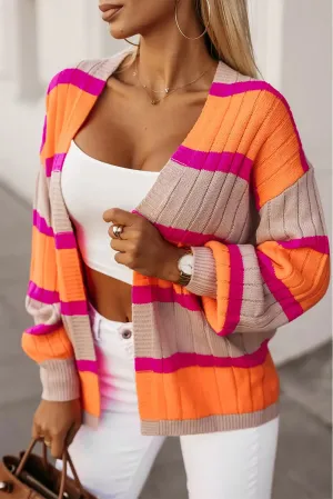 Vibrant Orange Striped Colorblock Cardigan