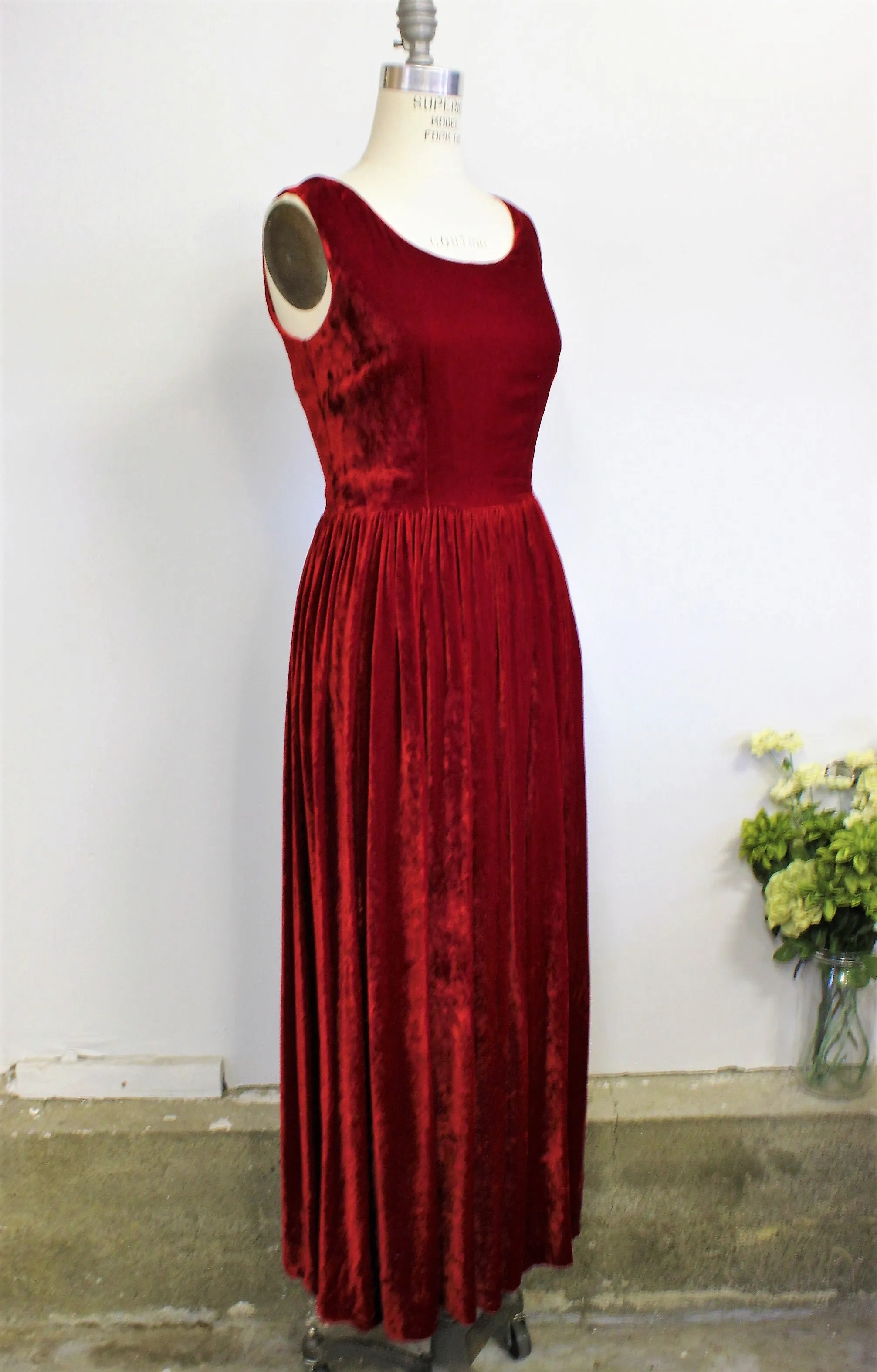 Vintage 1960s Cherry Red Velvet Full Length Maxidress