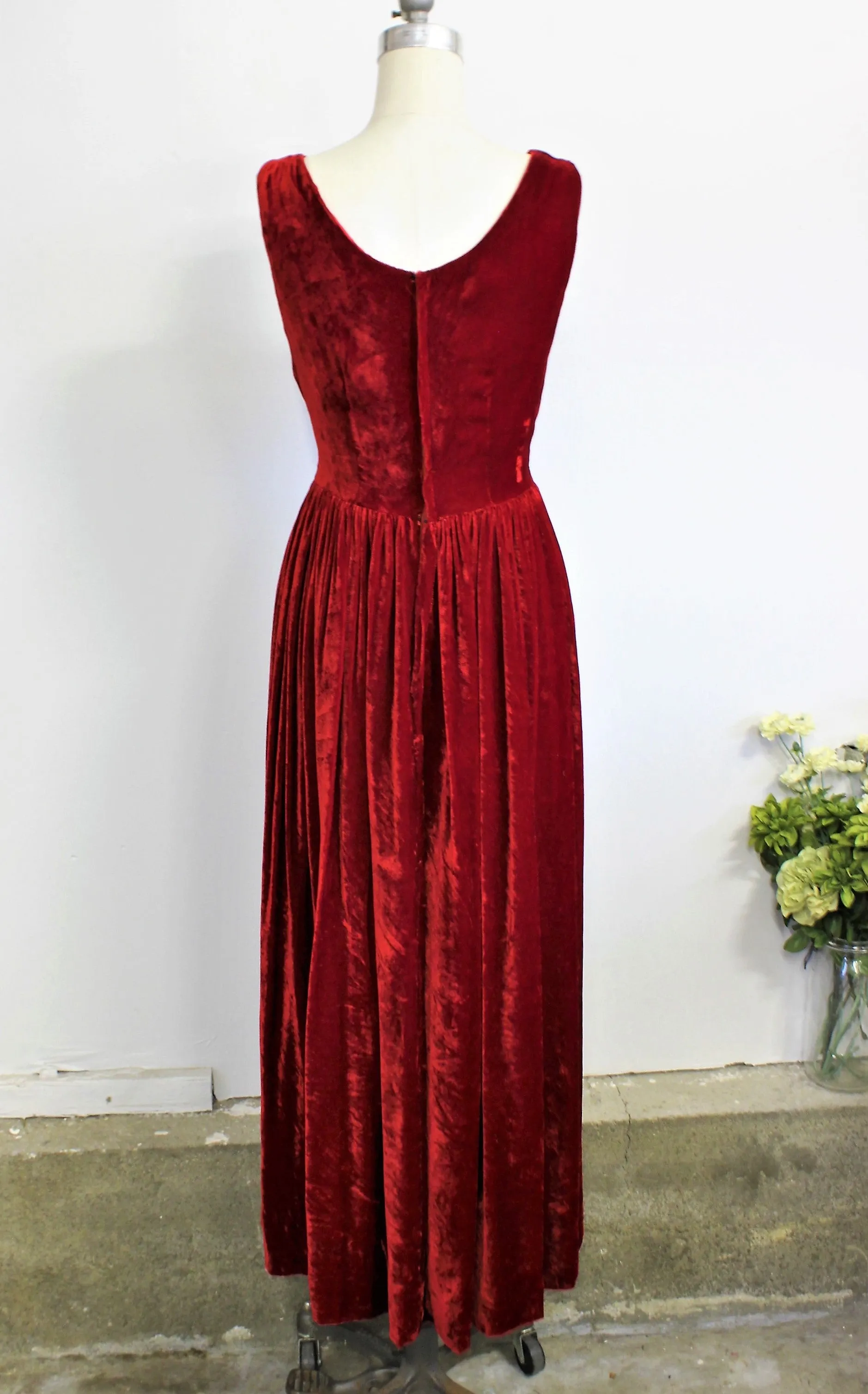 Vintage 1960s Cherry Red Velvet Full Length Maxidress