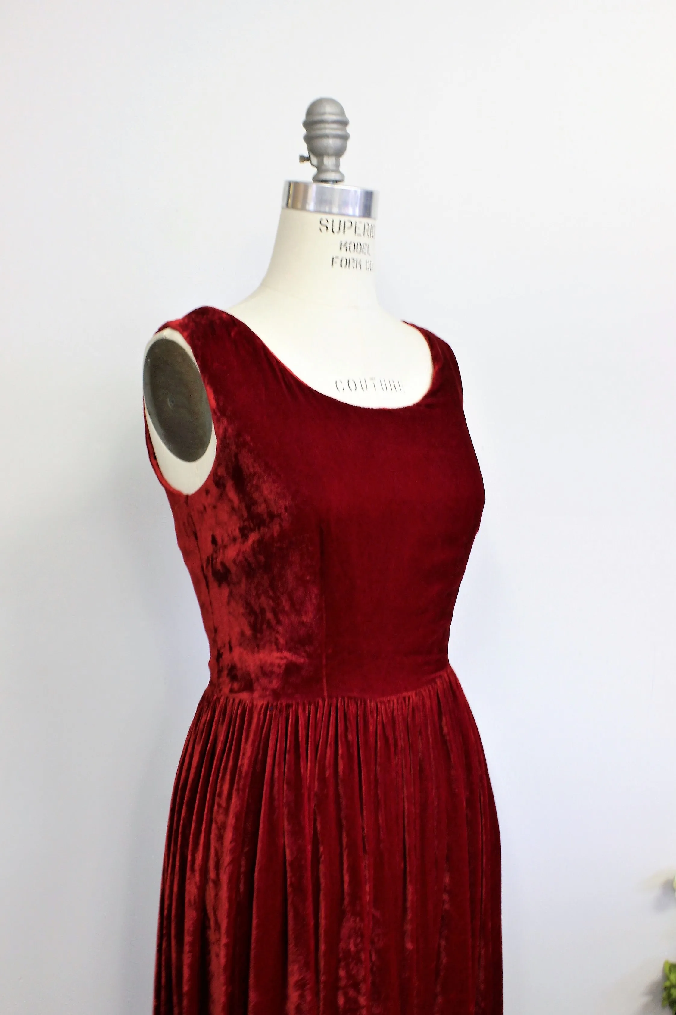 Vintage 1960s Cherry Red Velvet Full Length Maxidress