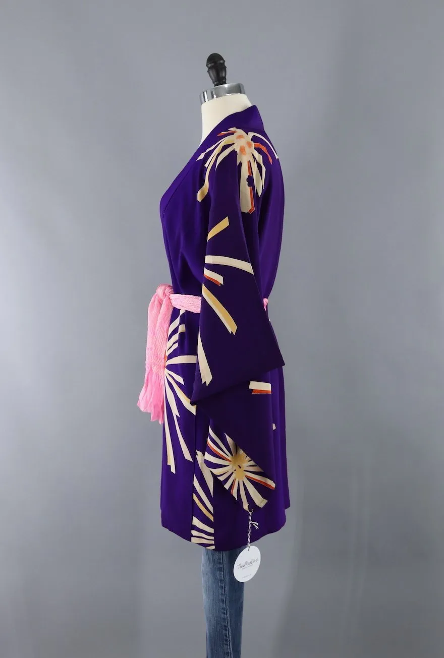 Vintage Silk Kimono Cardigan Jacket / Purple Starburst