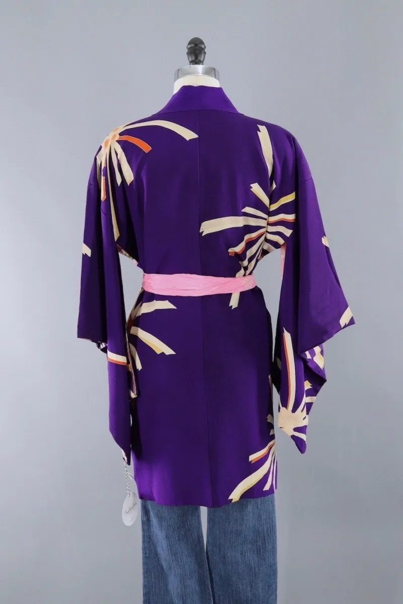 Vintage Silk Kimono Cardigan Jacket / Purple Starburst