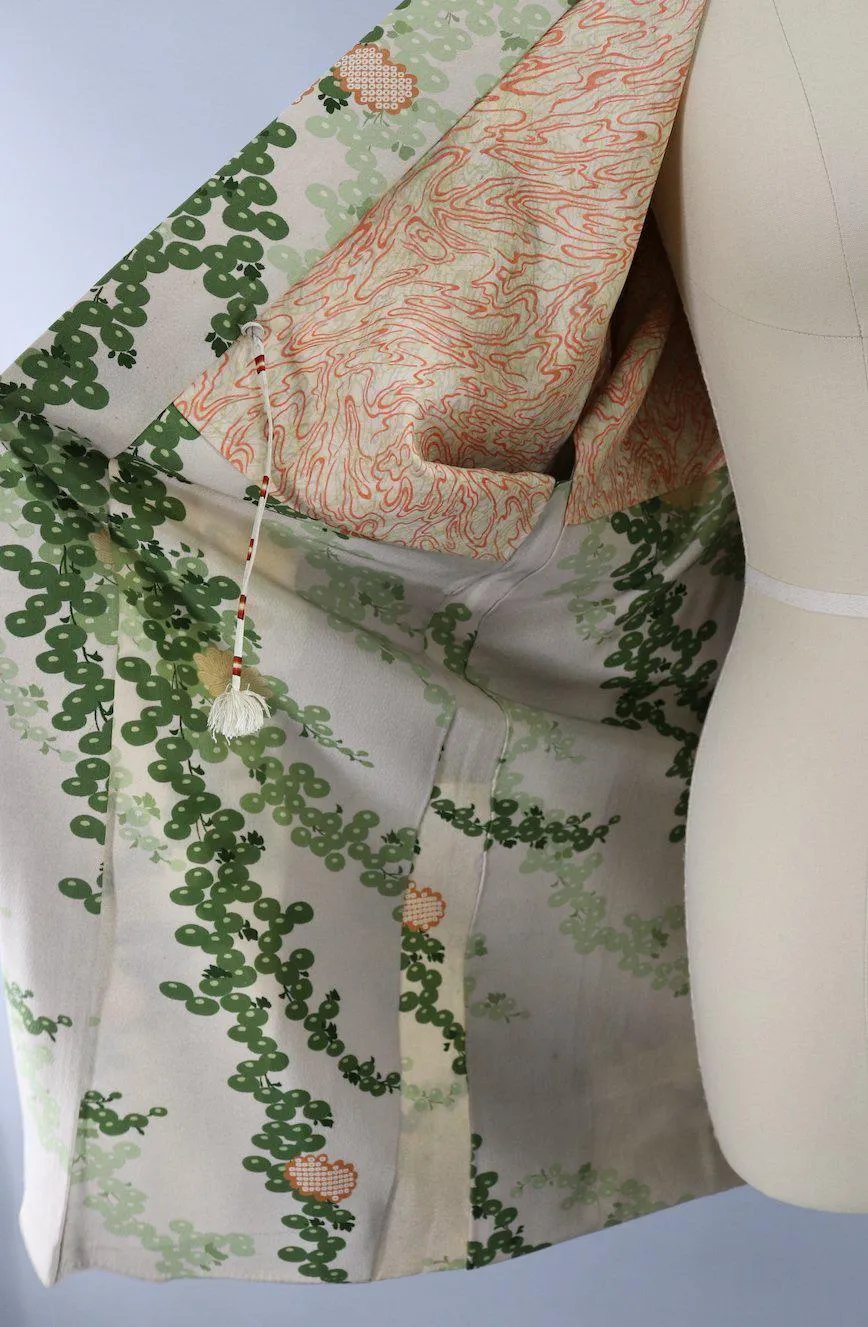 Vintage Silk Kimono Cardigan / Taupe Green Floral