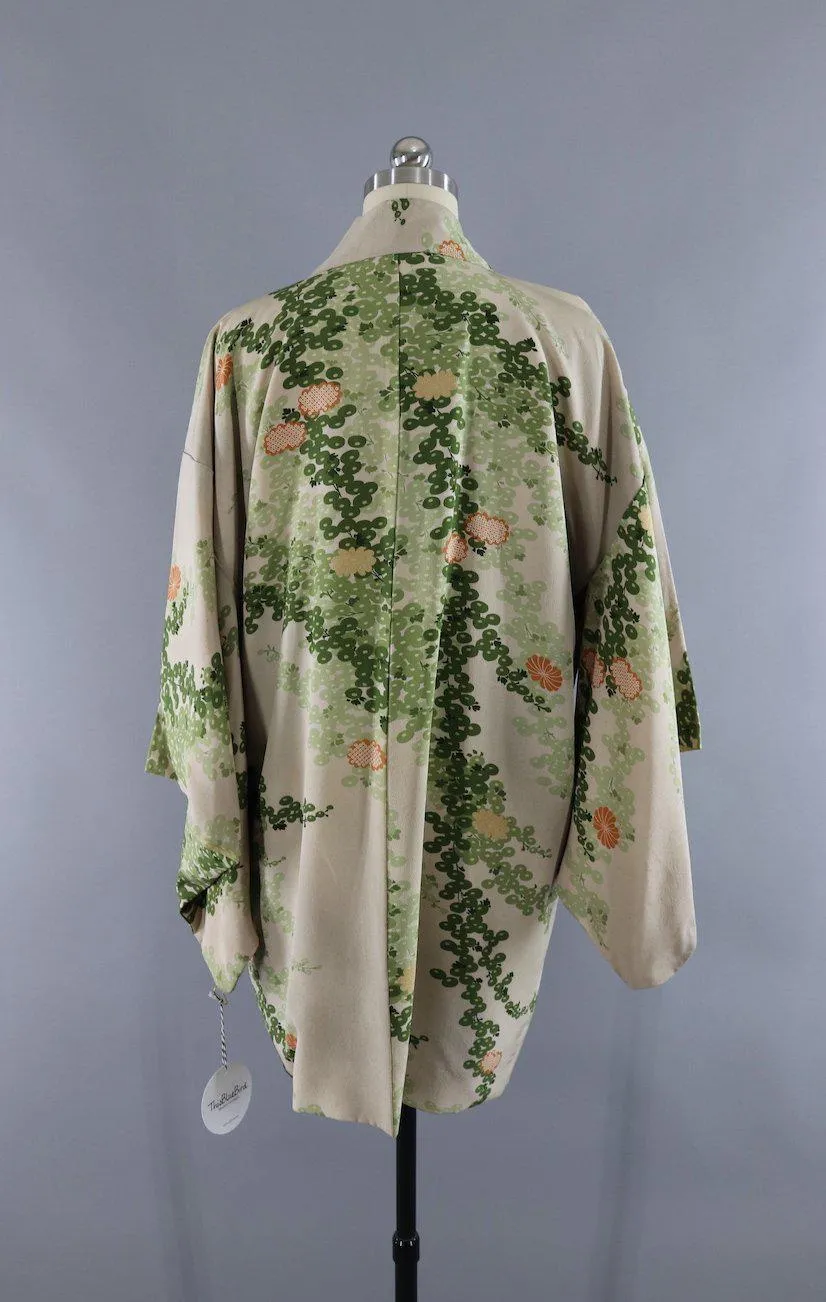Vintage Silk Kimono Cardigan / Taupe Green Floral