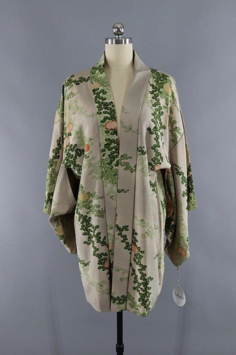 Vintage Silk Kimono Cardigan / Taupe Green Floral