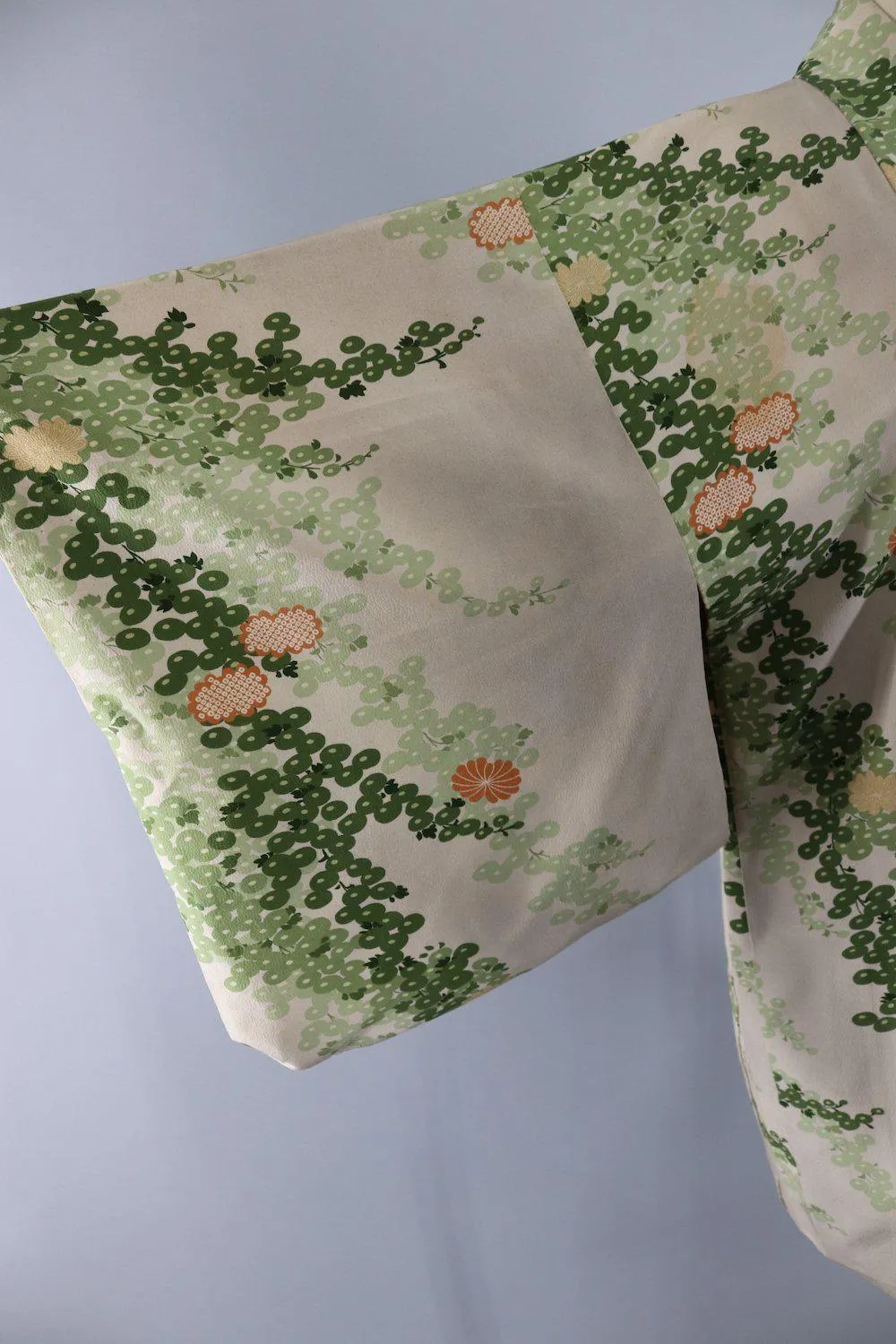 Vintage Silk Kimono Cardigan / Taupe Green Floral